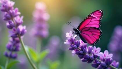 Fototapeta premium Majestic magenta butterflies dance around fragrant lavender blooms, wildlife, butterflies