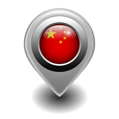 Vector Map Pin Location Icon with Chinese Flag on 3D Metallic Map Marker