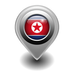 Vector Map Pin Location Icon with North Korean Flag on 3D Metallic Map Marker