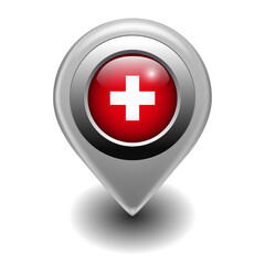 Obraz premium Vector Map Pin Location Icon with Switzerland Flag on 3D Metallic Map Marker