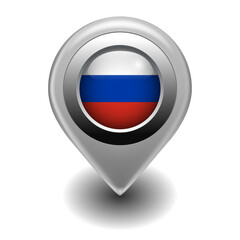 Vector Map Pin Location Icon with Russian Flag on 3D Metallic Map Marker