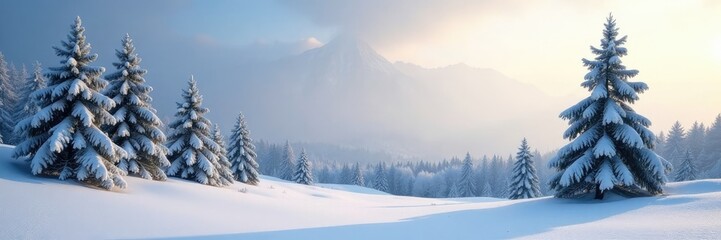 Fototapeta premium serene winter landscape with snow covered evergreen trees in frosty morning light, winter wonderland, serene