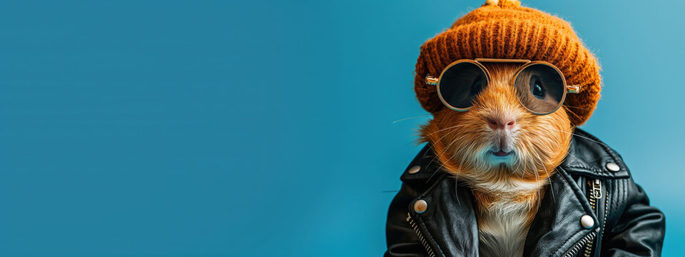 Cool guinea pig in a leather jacket and hat poses against a blue background ready for a fun tagline opportunity