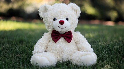 A white plush teddy bear with a red bowtie