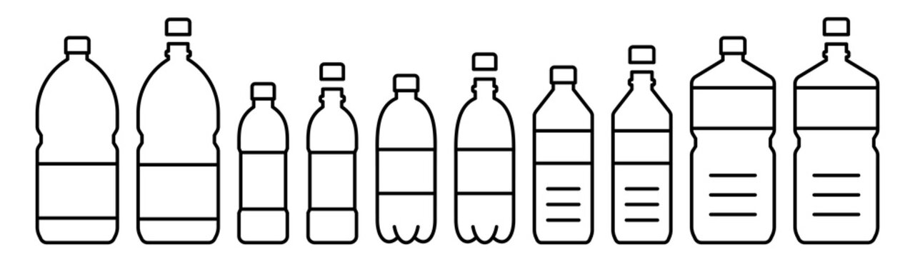 Plastic bottles icon set. Black color outline icon on white background.