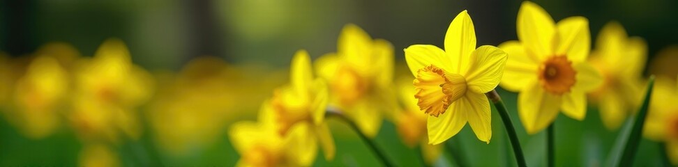 Fototapeta premium Solo yellow narcissus flowers blooming in a garden, floral, yellow, blooms