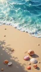 Naklejka premium Seashells scattered on a sandy beach near ocean waves
