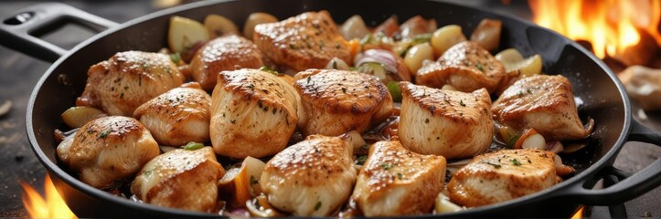 sizzling chicken breast pieces in a hot frying pan with onions and garlic , pan, heat