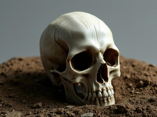 Skull in a position as if it was placed for burial, underground, catacombs