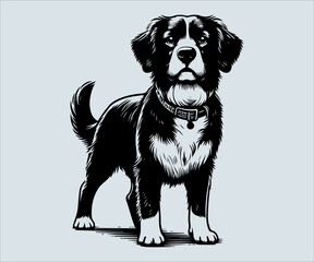 Bernese mountain dog vector illustration in black and white on light blue background