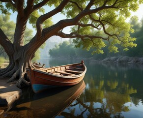Small wooden boat tied to a gnarled tree branch , forest, tranquil scene