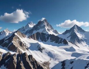 Snow-capped mountain peaks stretching towards the bright blue sky, serene landscape, mountainous terrain, winter wonderland