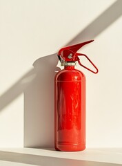 Obraz premium Red fire extinguisher against white wall in sunlight.