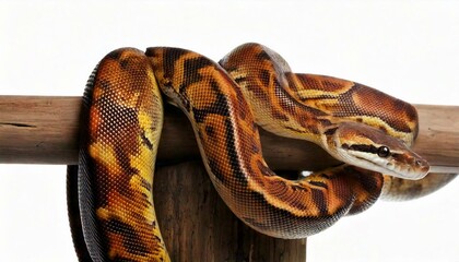 Obraz premium Morelia spilota variegata python, 1 year old, on pole in front of white