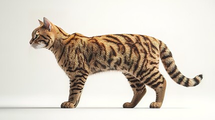 Bengal cat standing profile, isolated on white background.