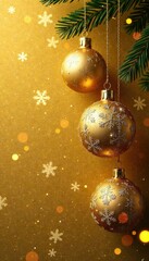Snowflake ornaments against gold velvet background, holly, winter, Christmas