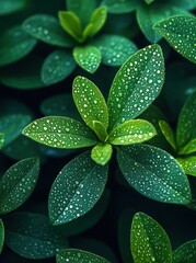 Fototapeta premium Dewy green leaves, close-up, nature, background blur, perfect for eco-themed designs
