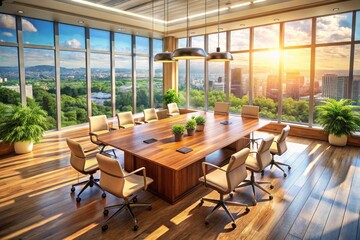 Modern Office Mockup: Drone View of Wooden Table & Chairs Near Large Windows - Stunning Aerial Photography
