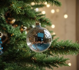 Decorative glass ball on a Christmas tree branch, festive atmosphere, holiday cheer