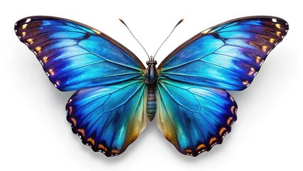 Morpho Butterfly Closeup,  Macro Photography,  Tropical Insect,  Wings Spread, White Background, AI Generated Image