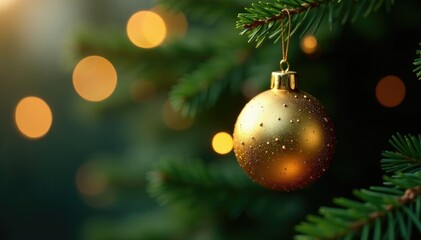 A single gold ornament is suspended in mid-air as it hangs from the branch of the Christmas tree, single gold ornament, suspended ornament