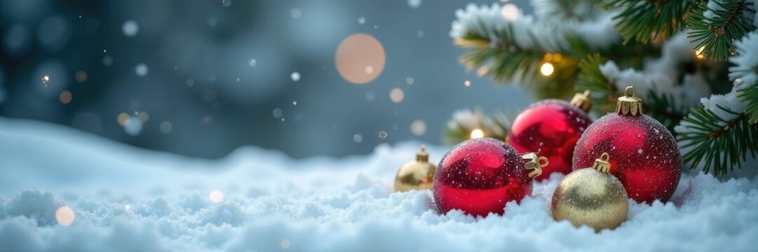 Colorati palli natalizi cadendo sulla neve bianca, winter, decorations, christmas ornaments