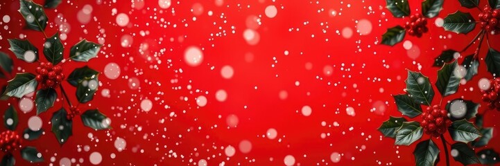 Softly falling snowflakes against a warm red Christmas background with festive holly leaves and berries, holiday season, holiday decor, winter wonderland scene