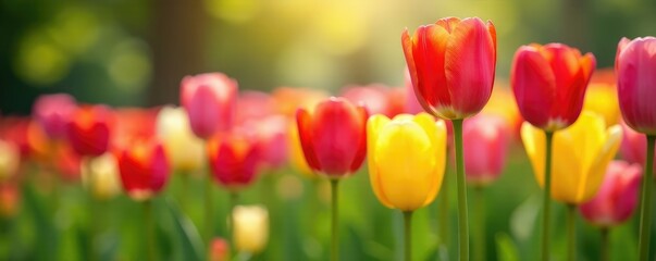 Colorful tulips sway gently in the spring breeze, blooming, garden