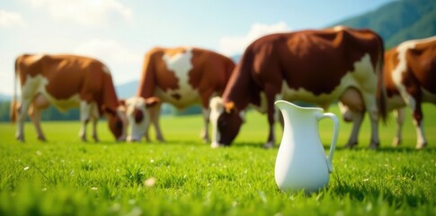 Fototapeta premium Cows grazing with a milk pitcher in the foreground, pitcher, grass, country
