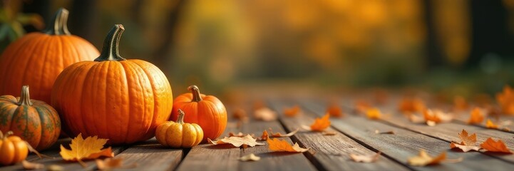 Cozy autumnal scene with pumpkin patch and golden leaves on wooden floor, fall decor, seasonal