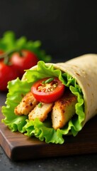 Crisp lettuce and juicy tomatoes on top of a chicken wrap, salad, fresh produce