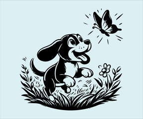 Illustration of a dog running in the grass with a butterfly in the background