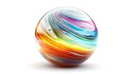 Colorful swirling glass sphere on white background.