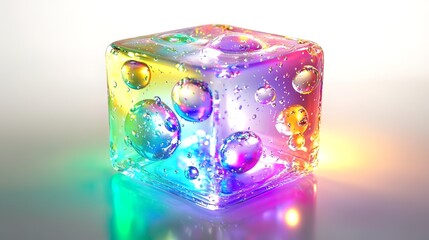 Colorful transparent cube with iridescent bubbles and reflections.