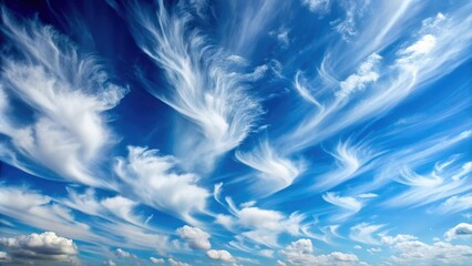 Soft white clouds scattered across a blue sky with a few wispy strands of cirrus clouds visible in the distance, emptiness, white, fluffy