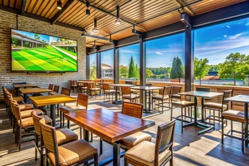 Fototapeta premium Sports bar with a outdoor seating area for watching games in the sun, umbrellas, picnic tables, cooler drinks, outdoor seating area
