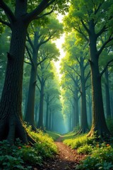 Naklejka premium Forest with large trees and small branches stretching towards the sky, trunk, branch
