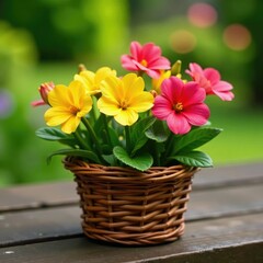Fototapeta premium Fresh colorful forget me nots in a small wicker basket, vases, garden