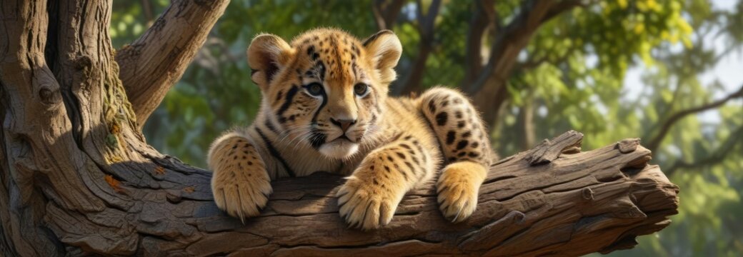 Panthera pardus cub lying on tree trunk paw dangling down, panthera pardus, tree trunk