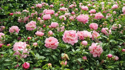 Pink peony flowers in a lush garden surrounded by greenery, botanical photography, floral arrangement, summer flowers.