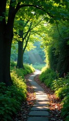 Obraz premium Light filtering through trees along a winding stone path, shade, trees