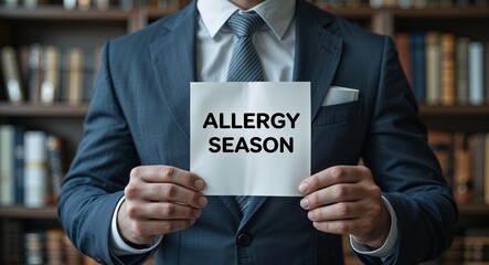 allergy season text on plain white paper in hand on guy on formal suit business concept background