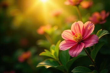 Lush foliage and blooming flower in the warm sunlight, petals, foliage