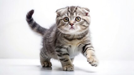 Obraz premium Playful Scottish Fold Kitten, Gray Tabby, Running, White Background, Candid Photo