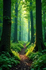 Obraz premium Lush green forest floor amidst ancient tree trunks, natural scenery, forest