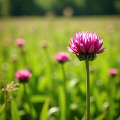 Obraz premium Red clover in full bloom amidst a lush meadow, wildflowers, nature scenery, sunny meadows