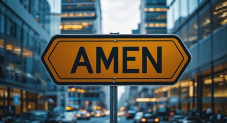 Obraz premium amen text on road sign in middle of modern business city background