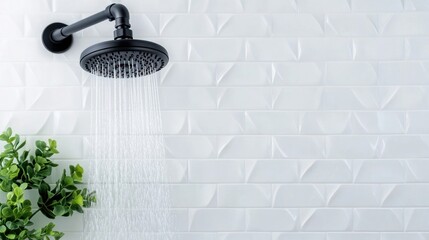 Modern Black Showerhead and White Geometric Tiles in Bright Bathroom
