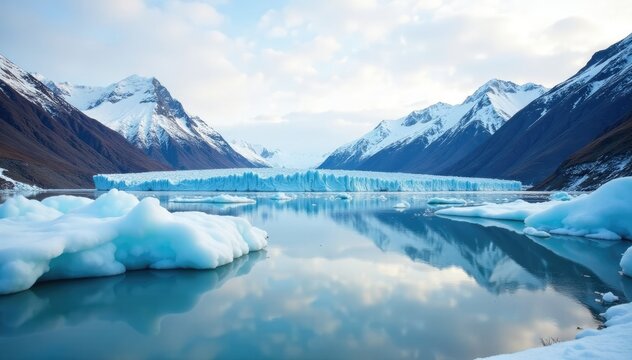 Serene glacier icecap with snow-capped mountains in autumn winter, cold, peaceful