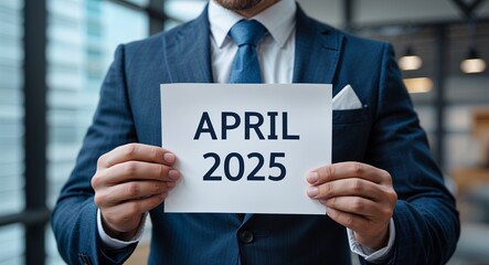 april 2025 text on plain white paper in hand on guy on formal suit business concept background